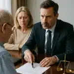 Herencia con conflicto entre hijos y nietos. Reunión de familiares con el notario.