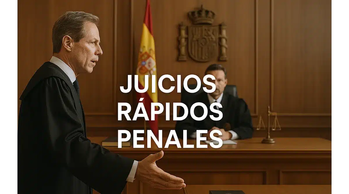 Juicios Rápidos en Derecho Penal. Cuándo se aplican y cómo defenderse. Escena figurada de un juicio.